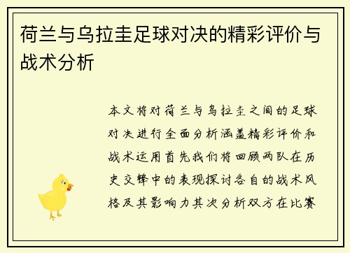 荷兰与乌拉圭足球对决的精彩评价与战术分析